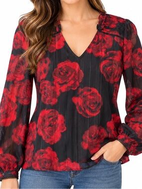 Nanette Lepore Black Red Rose Print V-Neck Sheer Blouse